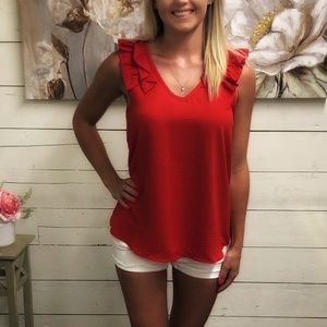 Sleeveless V-Neck with Ruffle Shoulder Detail - To
